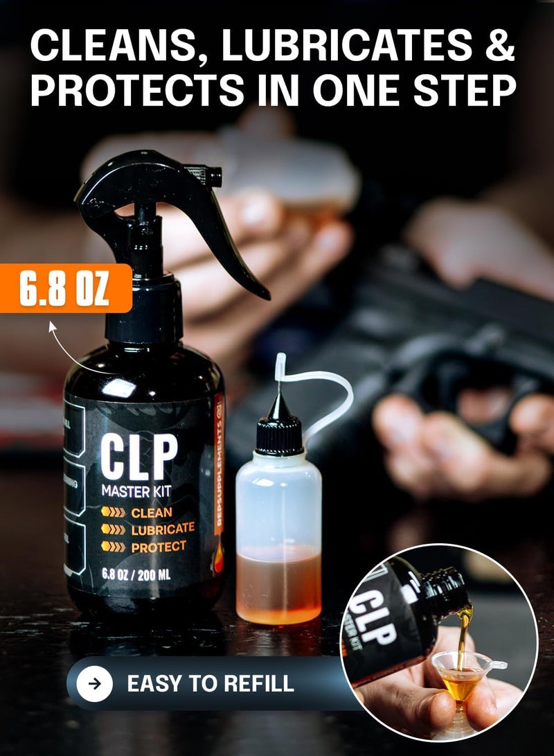 REPSUPPLEMENTS طقم زيت تنظيف الأسلحة 3 في 1 ينظف، يشحم، يحمي - 6.8 أونصة بخاخ زيت تنظيف الأسلحة وزيت التشحيم، زيت إبرة، قطع تنظيف، مسحات تنظيف وفرشاة - زيت الأسلحة وطقم التنظيف - Image 2